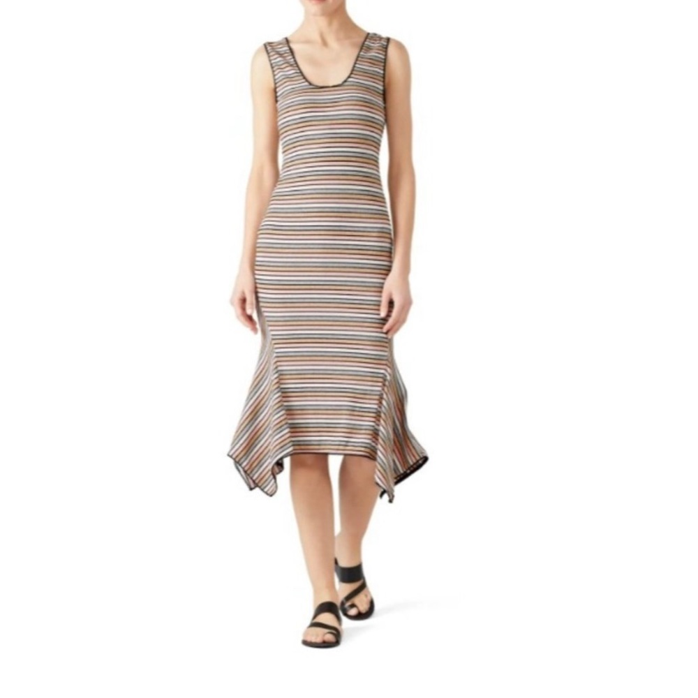 Elliatt Striped Midi Dress in Black, White, Tan, Blue